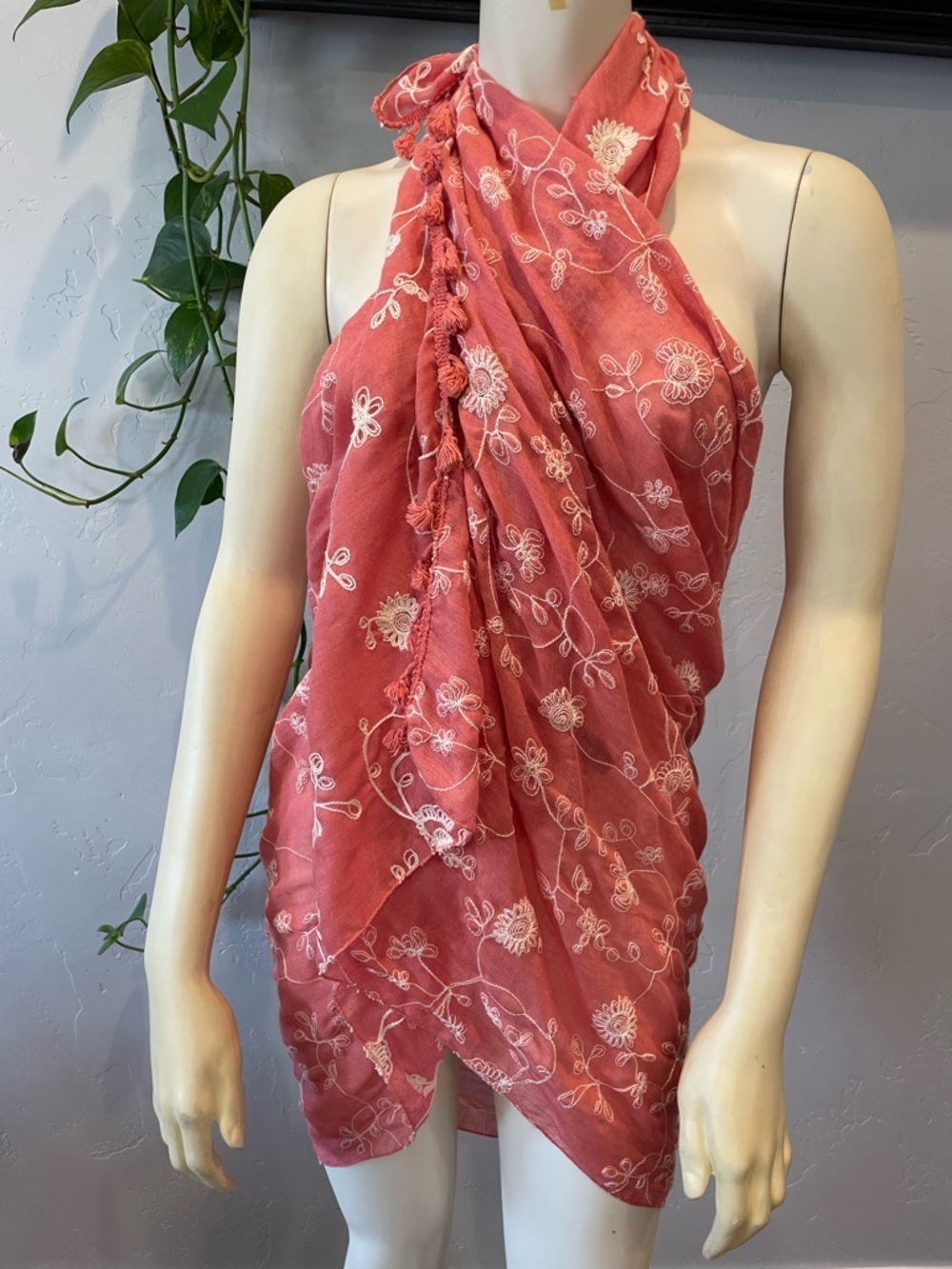 New 100% cotton coral Embroidered swim coverup/wrap or Scarf - Picture 2 of 7